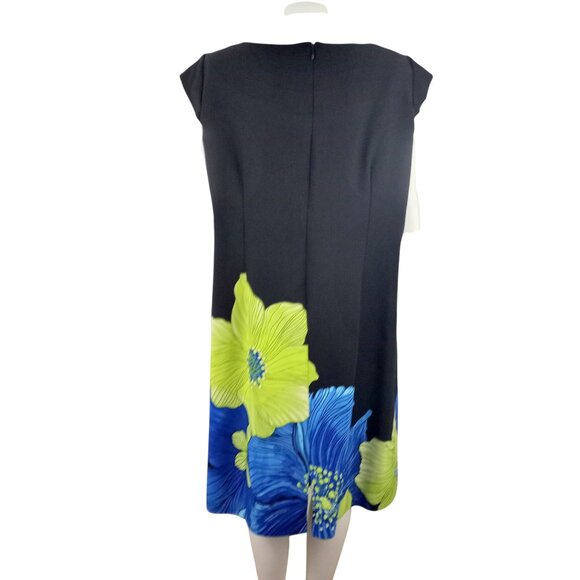 Studio I Black Blue Green Floral Cap Sleeve Midi Sheath Dress - Picture 4 of 7